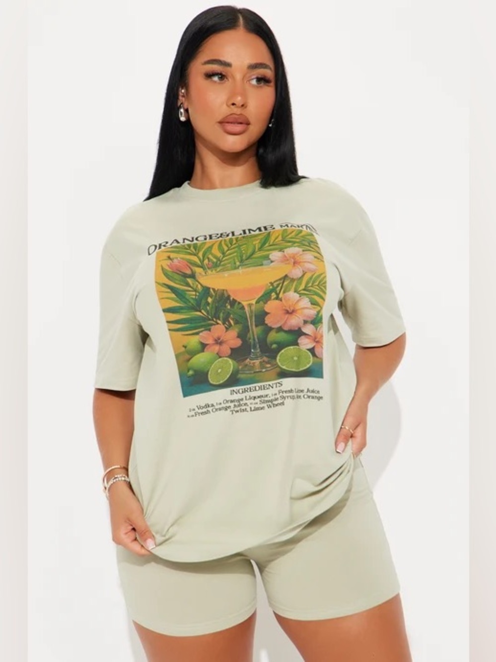 Women's Sage Green Graphic Tee and Shorts Set - Size M